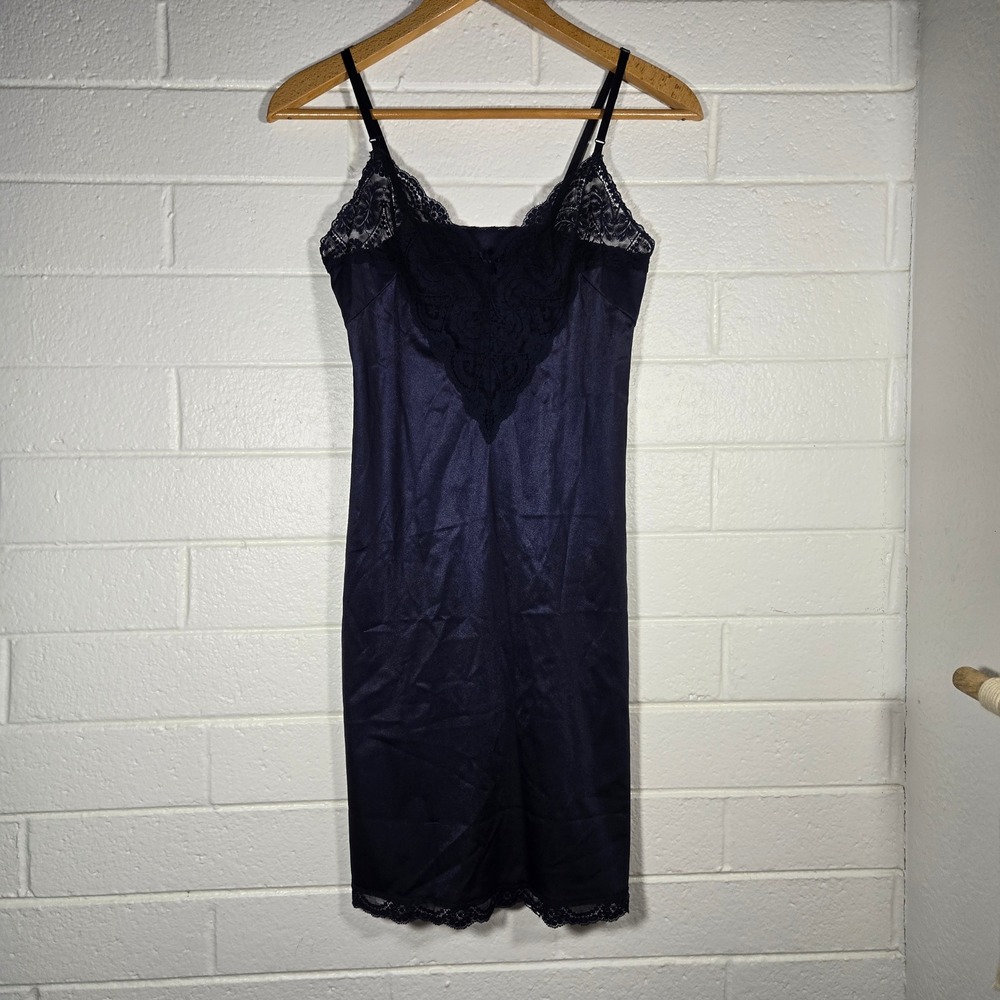 Vtg Vassarette Chemise Navy Lace Trim‎ Slip Dress 36 Lingerie Coquette Romantic